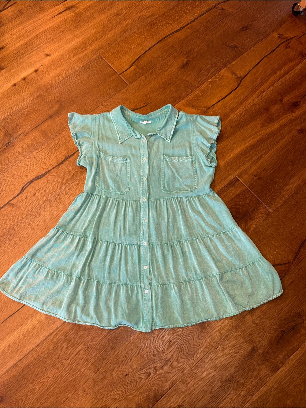 JODIFL Faded Wash Green Button-Down Tiered Mini Dress MEDIUM - Picture 2 of 6